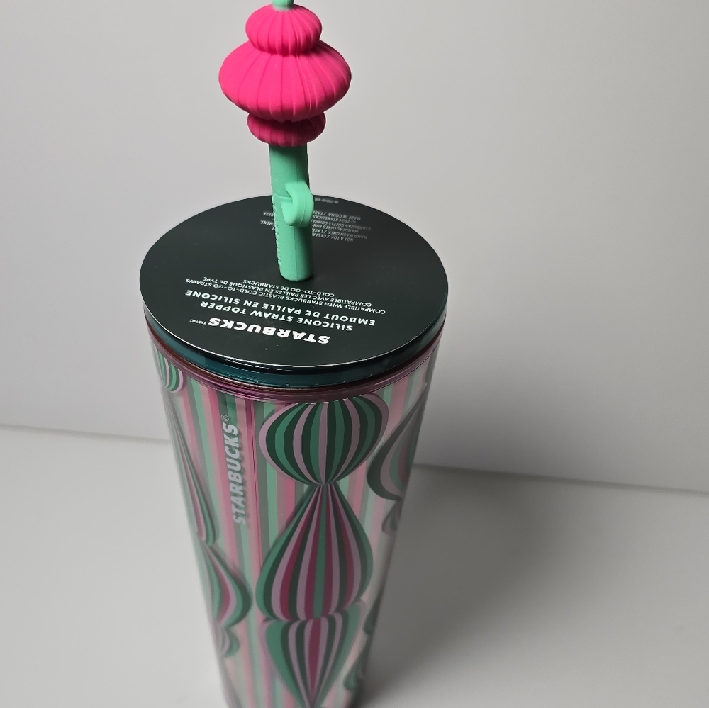 Starbucks Whimsical holiday 2024 pink green tumbler with straw and topper nwt - Picture 3 of 4